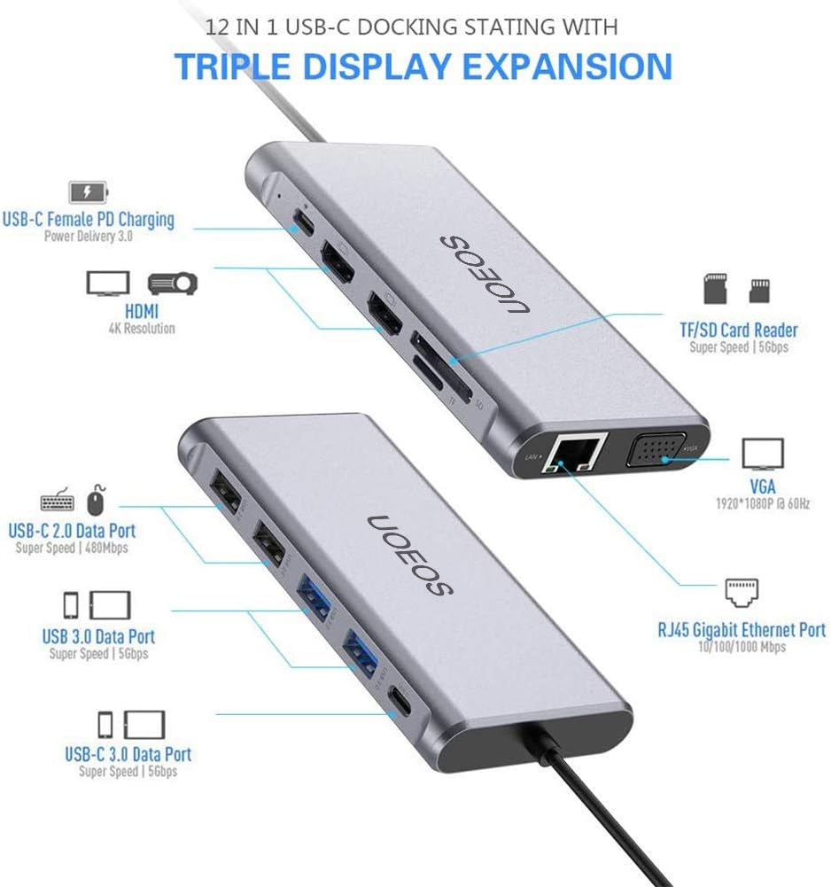 USB C Docking Station with Dual HDMI, VGA, Ethernet, Card Reader R3488