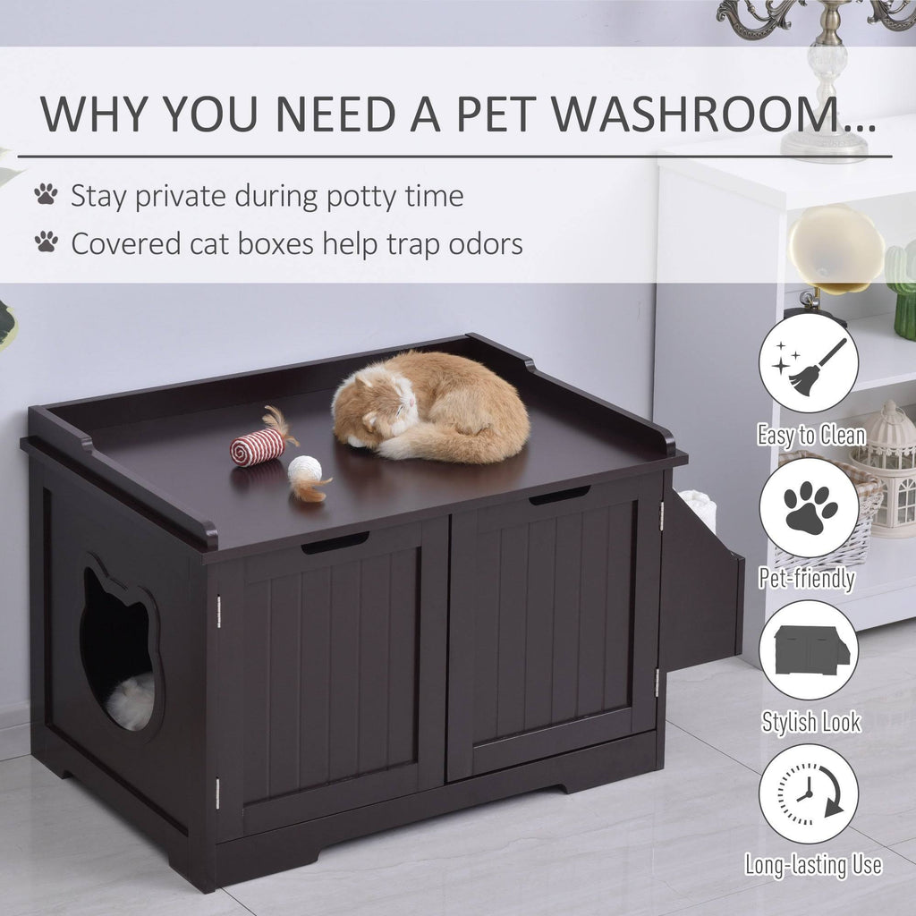Brown Wooden Cat Litter Box Enclosure with Nightstand and Storage Rack Q42530