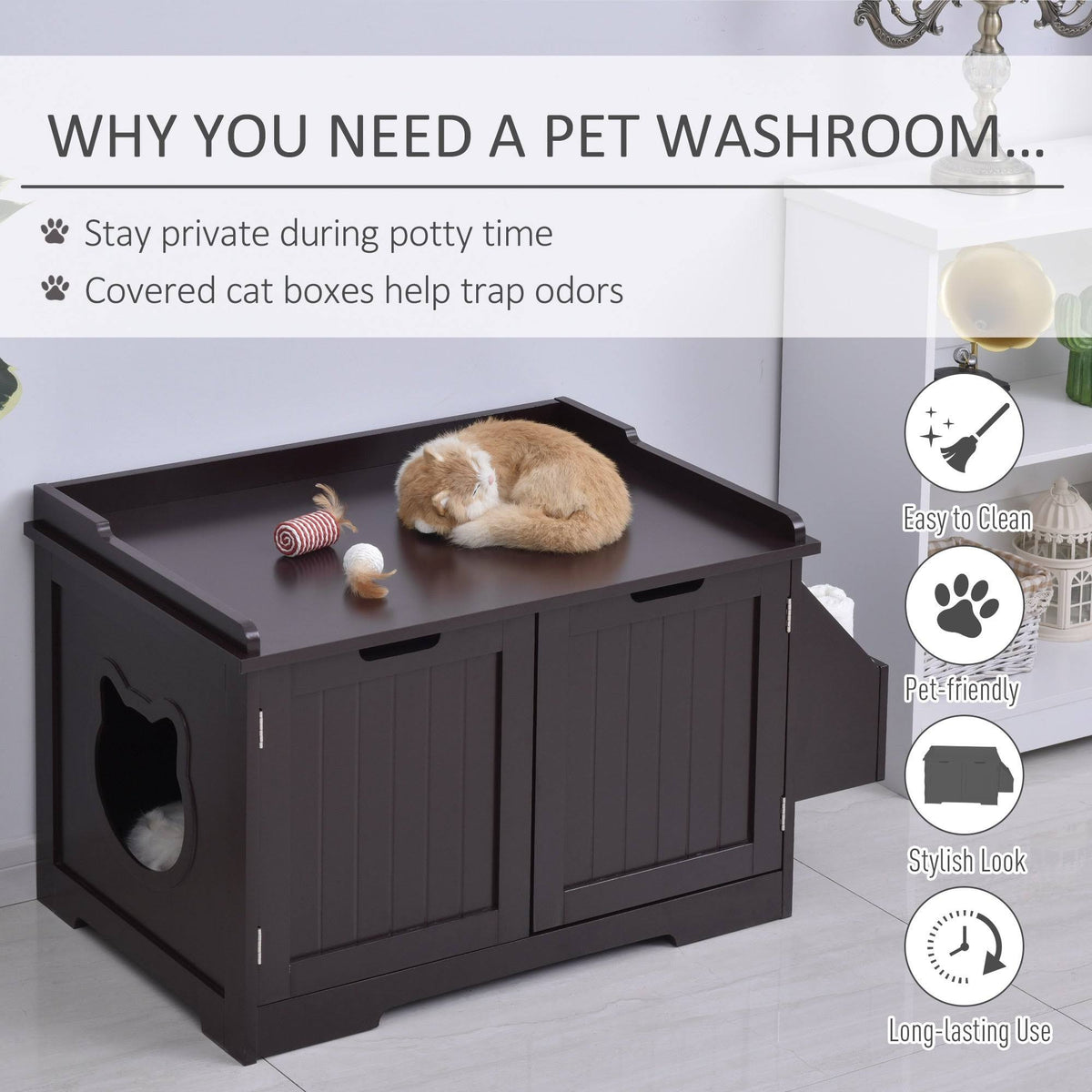 Brown Wooden Cat Litter Box Enclosure with Nightstand and Storage Rack Q42530