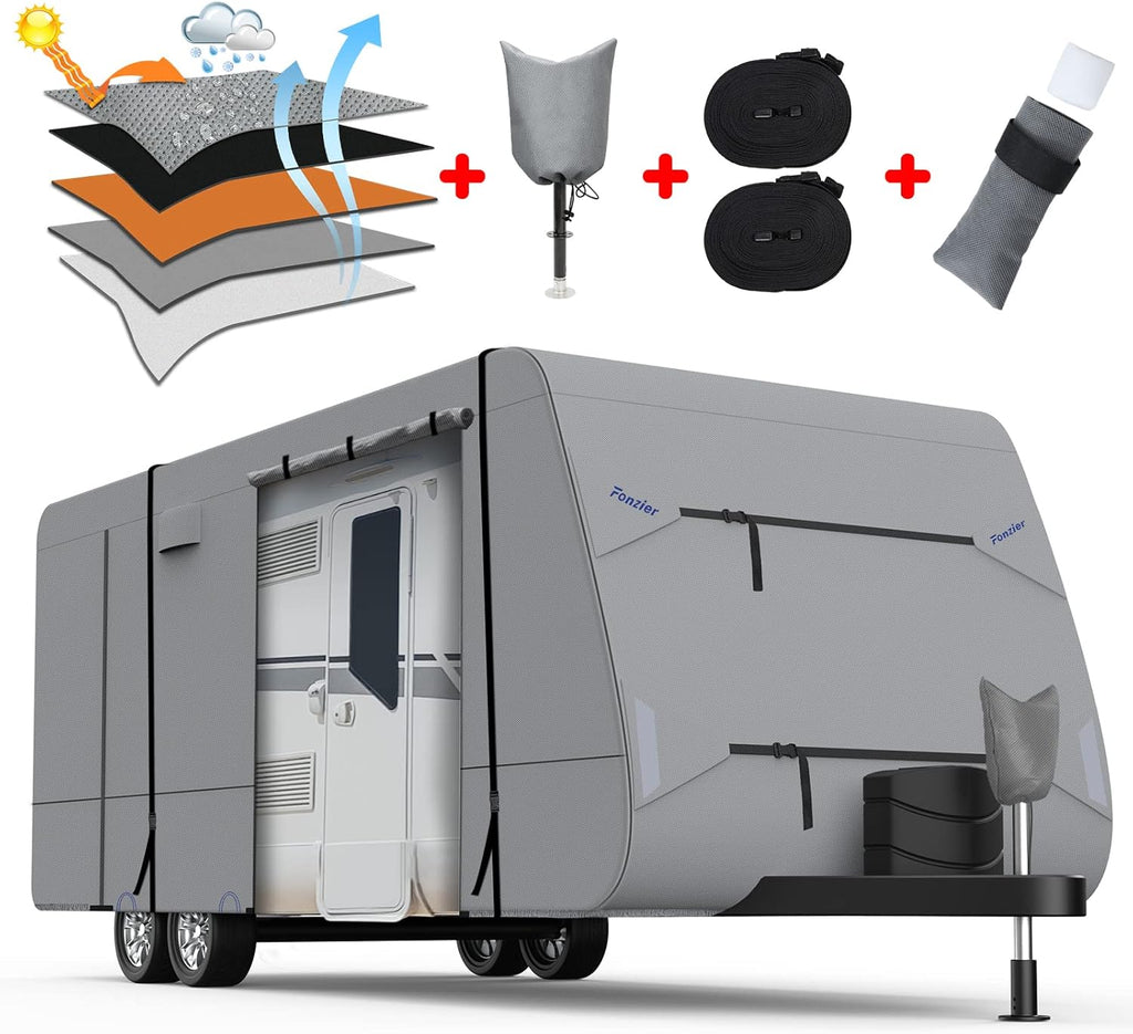 5 Layers Travel Trailer RV Cover Heavy Duty Camper Cover Anti-UV, Rip-Stop, Breathable with Tongue Jack Cover, 2Pcs Straps & Gutter Covers B64300
