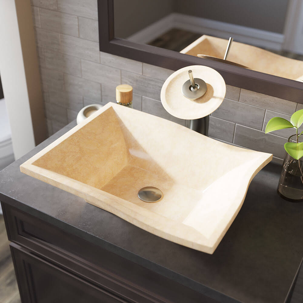 Egyptian Yellow Marble Vessel Sink Ensemble with Brushed Nickel Finish Waterfall Faucet, Pop-Up Drain, and Sink Ring X602