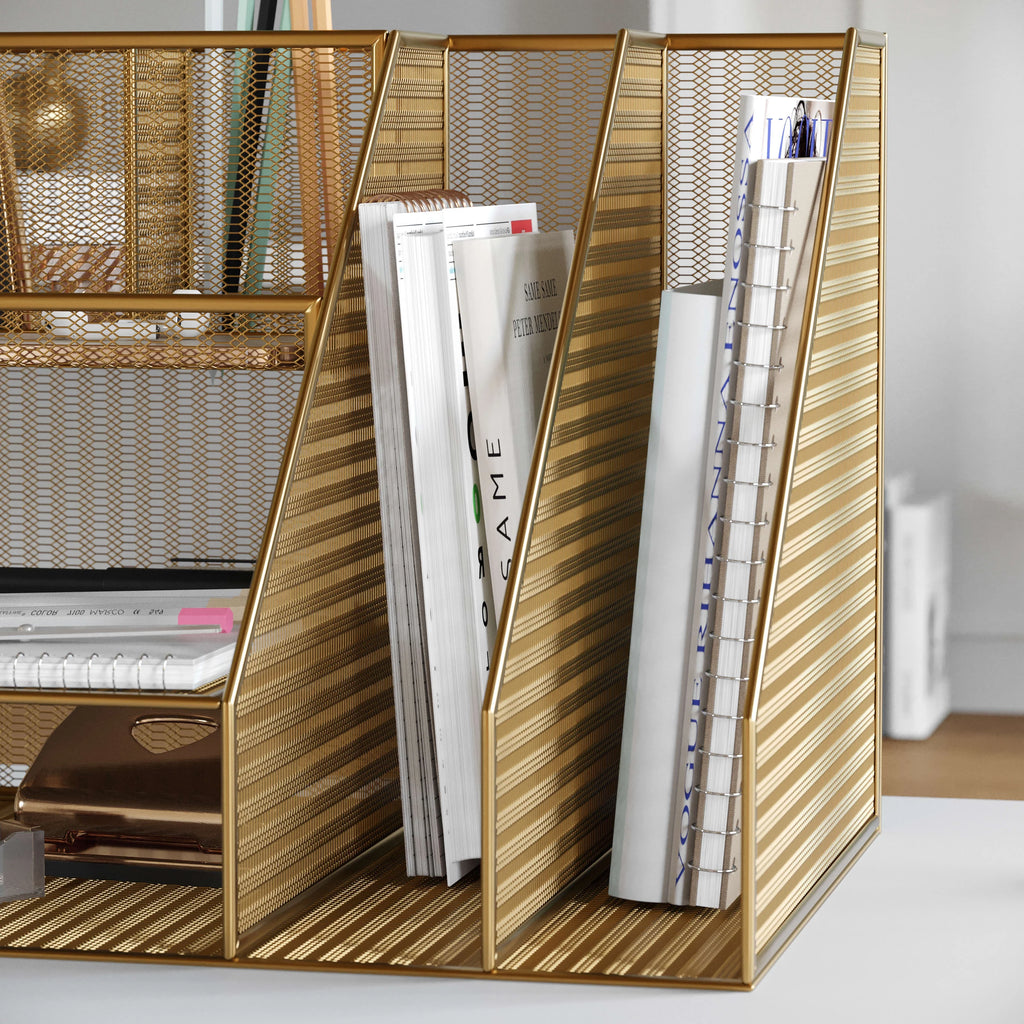Gold Mesh Metal Desktop Organizer with Magazine File Holder N69868