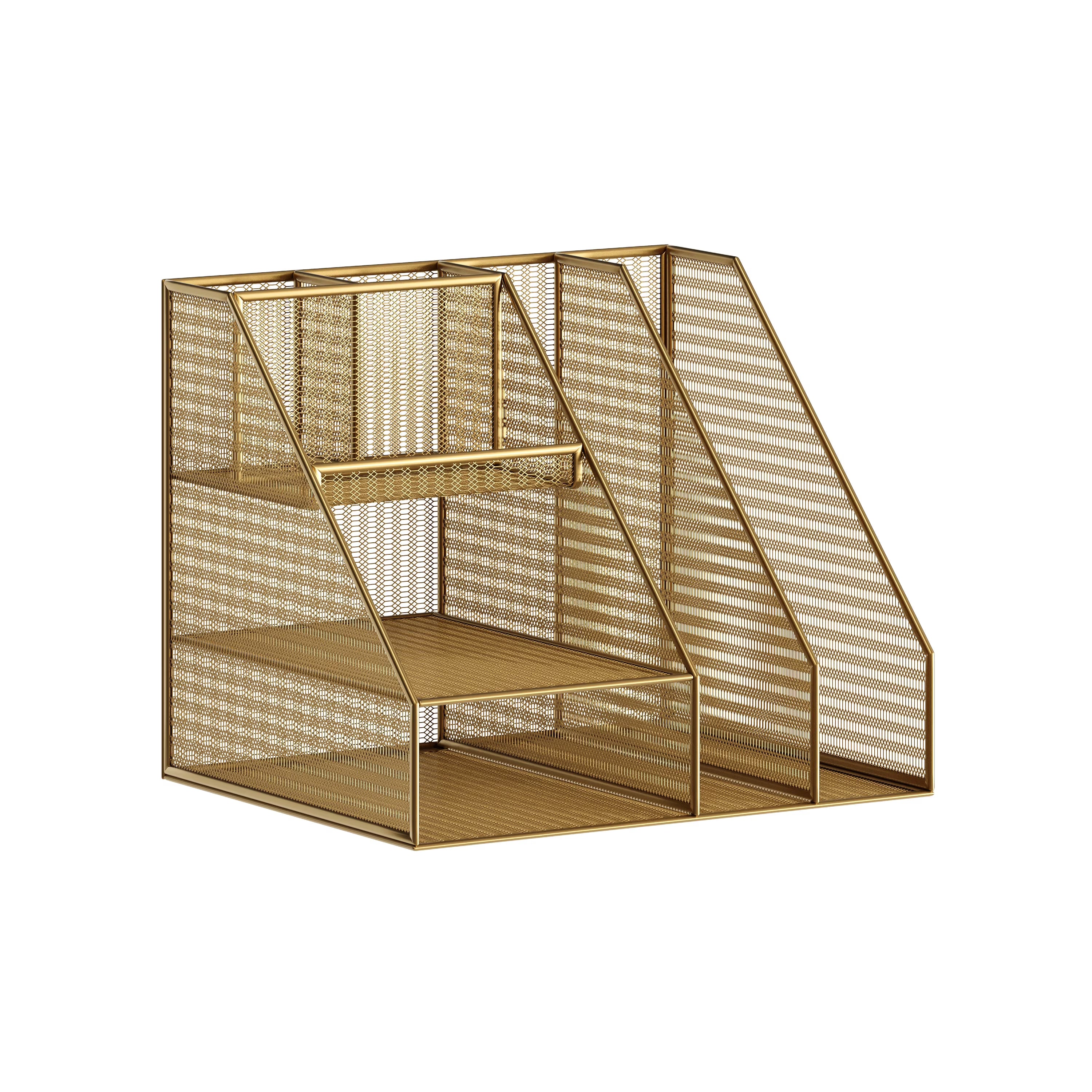 Gold Mesh Metal Desktop Organizer with Magazine File Holder N69868
