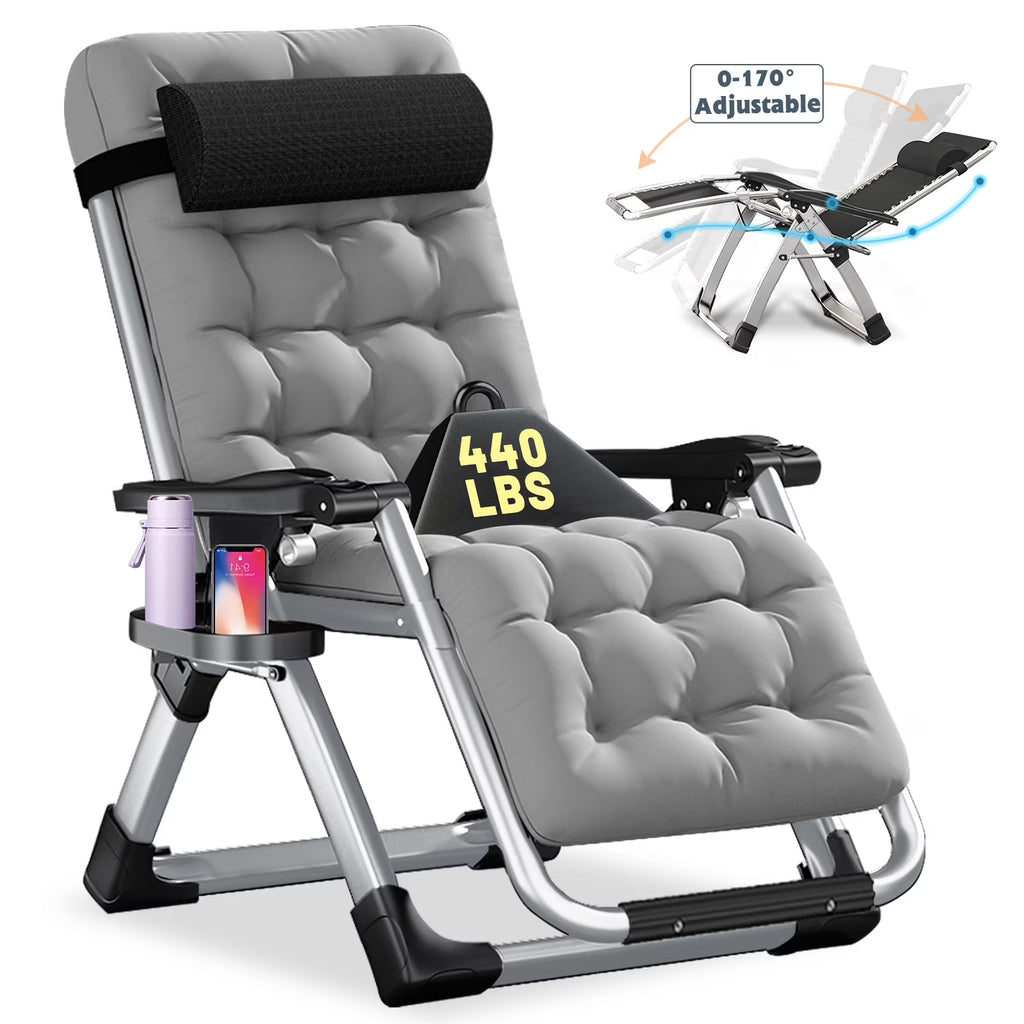 Zero Gravity Reclining Patio Folding Chair with Removable Cushion, Cup Holder, Support 440 LBS C39455