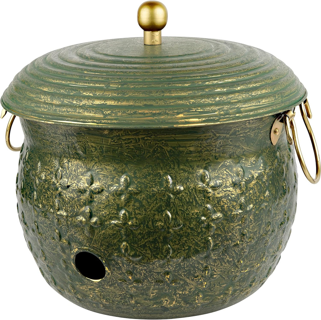 Copper Garden Hose Holder Storage Pot with Lid Antique Green Finish Lattice Steel U4742