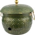 Copper Garden Hose Holder Storage Pot with Lid Antique Green Finish Lattice Steel U4742