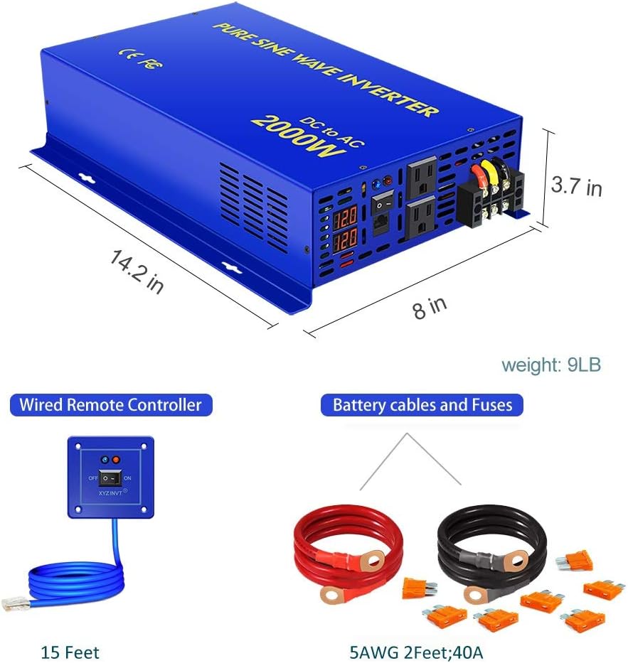 2000W Pure Sine Wave Power Inverter 24V DC to AC 120V with Remote Switch Z87595