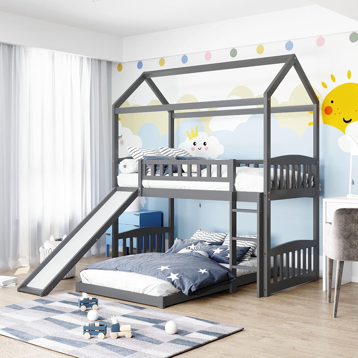 Twin Over Twin Metal Bunk Bed with Slide and Integrated Ladder N96525