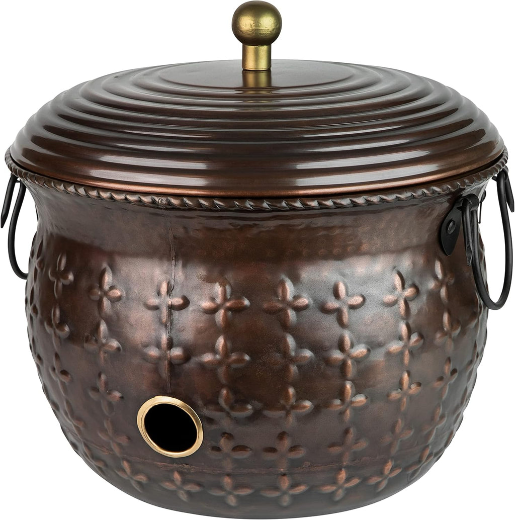 Copper Garden Hose Holder Storage Pot with Lid Antique Green Finish Lattice Steel U4742