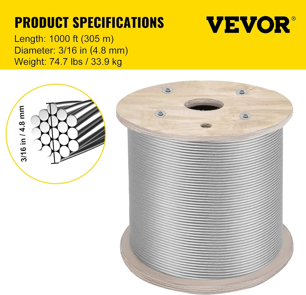 316 Stainless Steel Cable 1000FT Wire Rope 3/16 Inch 1x19 J29188