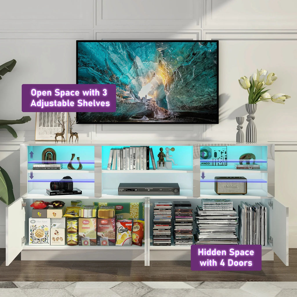White 70" LED TV Stand with 6 Shelves and Storage Cabinets Z6056