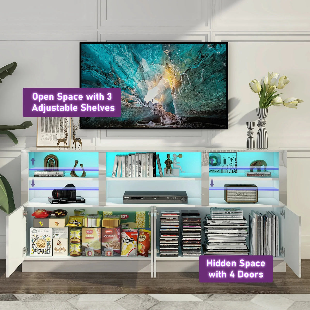 White 70" LED TV Stand with 6 Shelves and Storage Cabinets Z6056