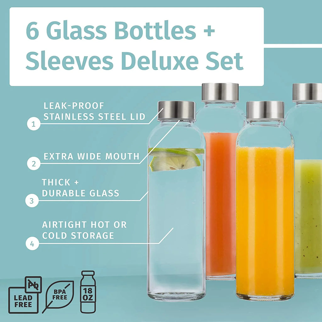 6 Pack 18oz Glass Water Bottles with 6 Sleeves J82653