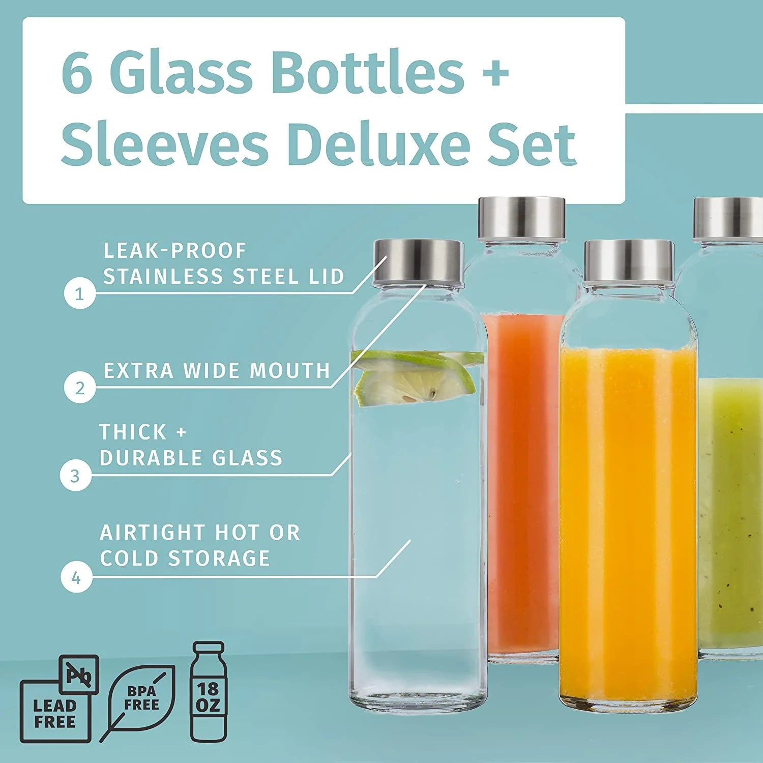 6 Pack 18oz Glass Water Bottles with 6 Sleeves J82653