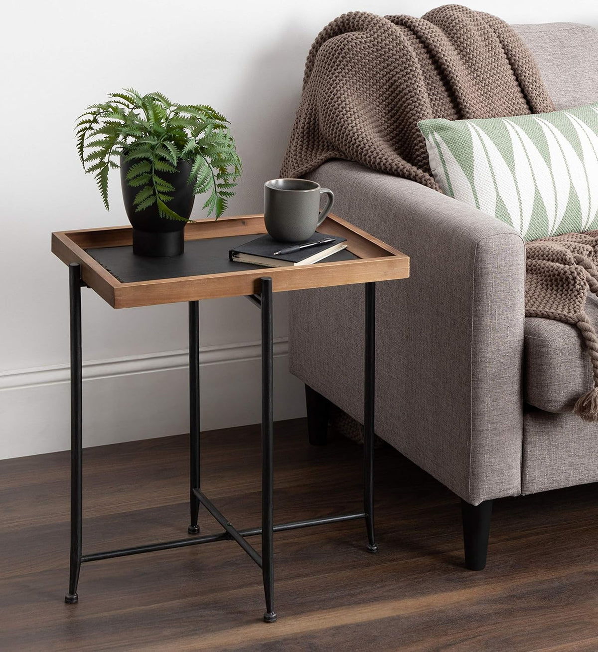 Rustic Brown Wood and Slate Side Accent Table with Black Iron Metal Base H439