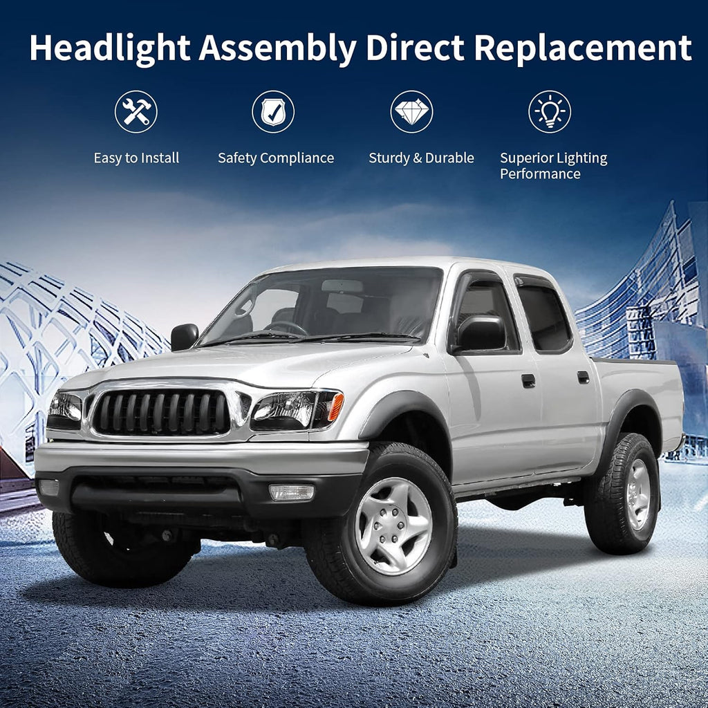 Headlight Assembly Replacement for Tacoma 2001-2004 Pickup Truck Black Housing Amber Reflector Clear Lens with Bumper Lights A465