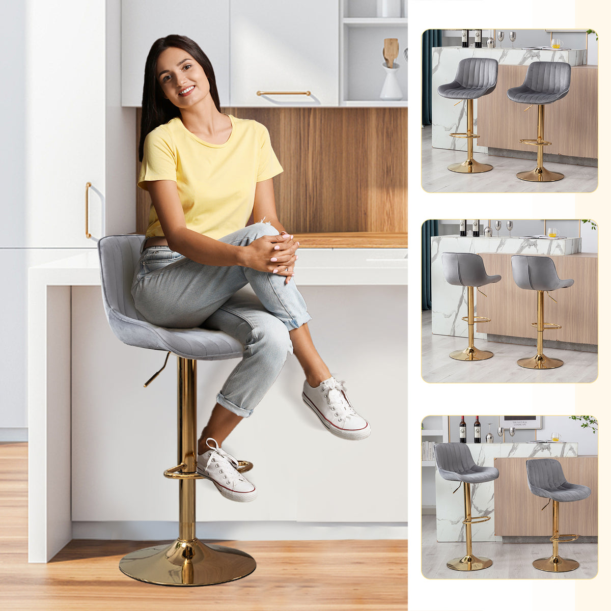 Gray Velvet Swivel Bar Stools Set of 2 X797259