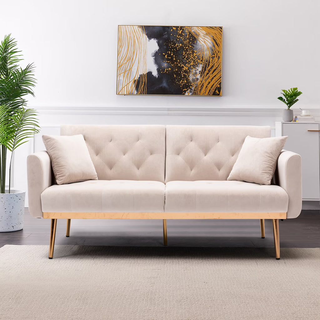 Beige Velvet Futon Sofa Bed with Two Pillows X923245