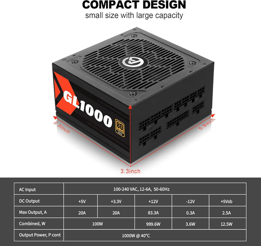 1000W Fully Modular Power Supply 80 Plus Gold Q846
