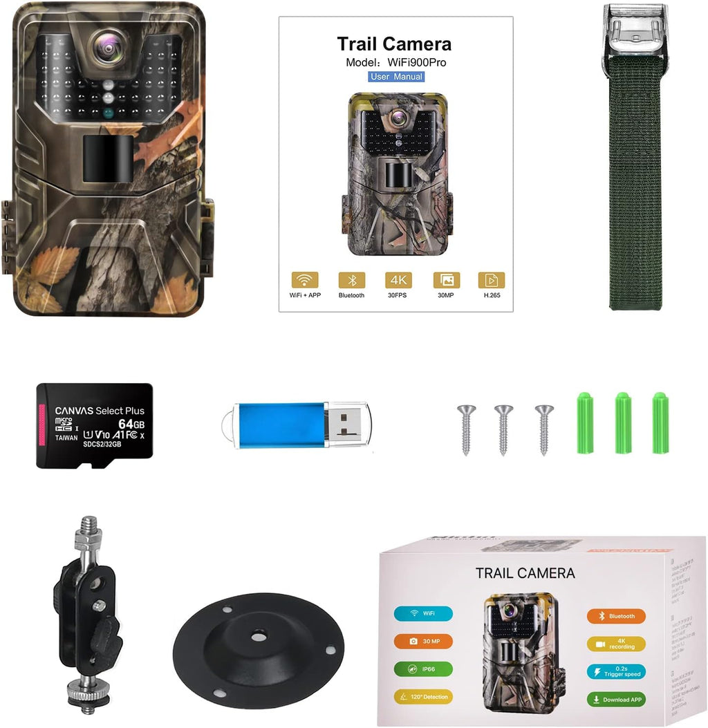 4K 30MP H.265 WiFi Trail Camera with Night Vision, Waterproof IP66, 64GB SD Card Included M8400