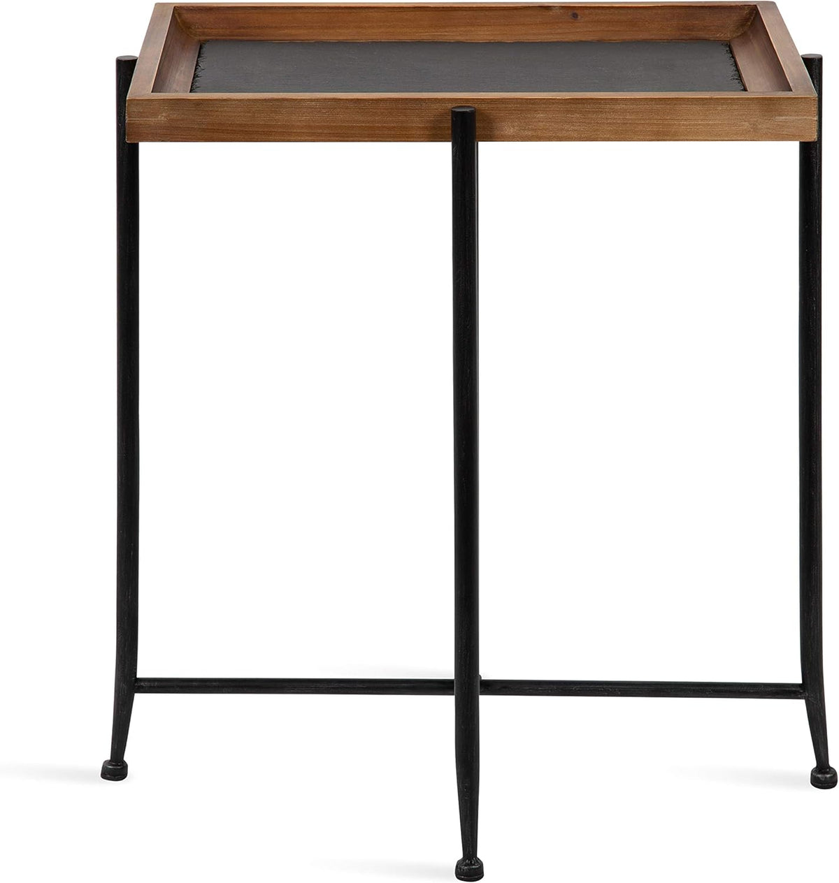 Rustic Brown Wood and Slate Side Accent Table with Black Iron Metal Base H439