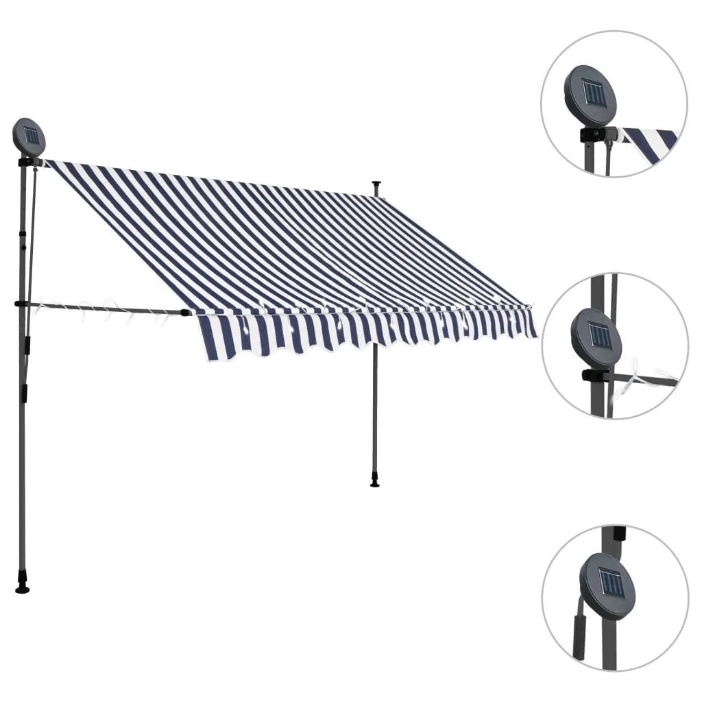 Manual Retractable Awning with LED Outdoor Door Canopy Sunshade Shelter Blue White 118.1 Inch F5695