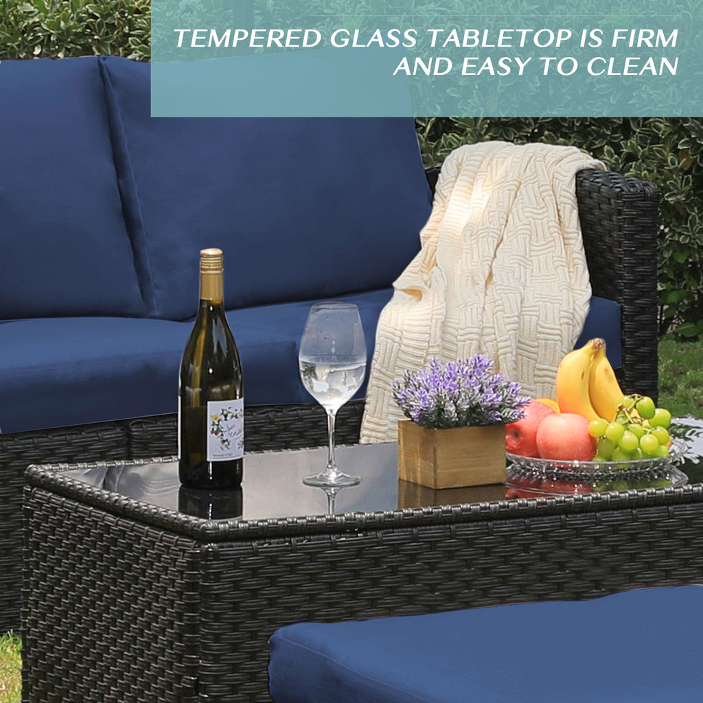 Blue 8 Pcs Wicker Patio Conversation Set with Coffee Table and Ottoman C910