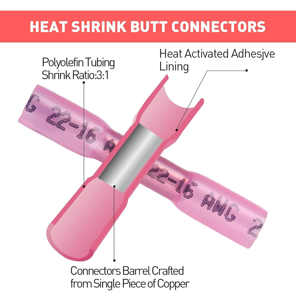 500PCS Butt Connectors Heat Shrink, 22-16 AWG Waterproof Tinned Copper Insulated Crimp Terminals U1471