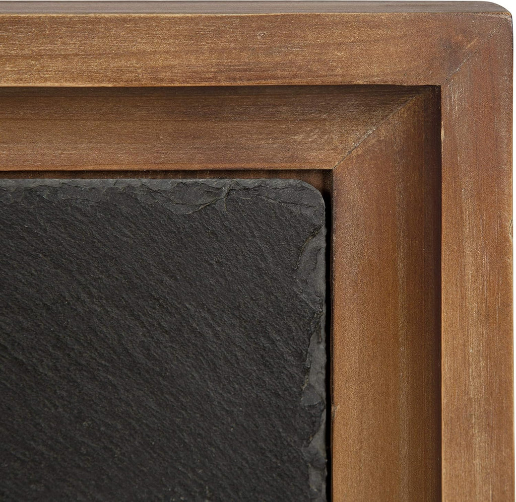 Rustic Brown Wood and Slate Side Accent Table with Black Iron Metal Base H439