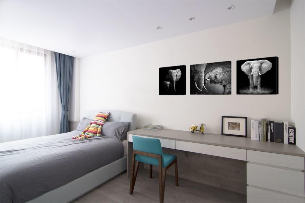 Black and White Elephant Canvas Wall Art Prints, Ready to Hang M21311