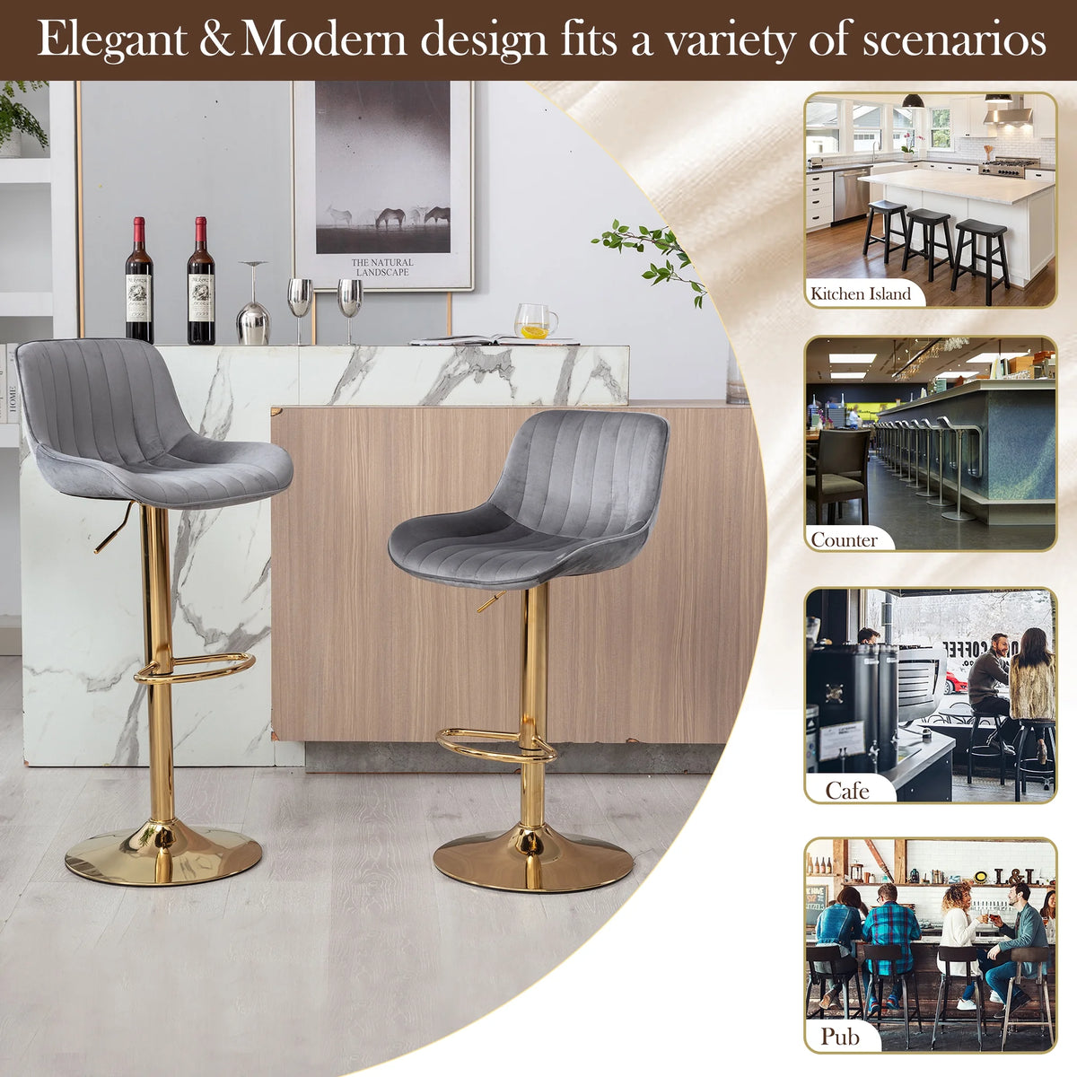 Gray Velvet Swivel Bar Stools Set of 2 X797259