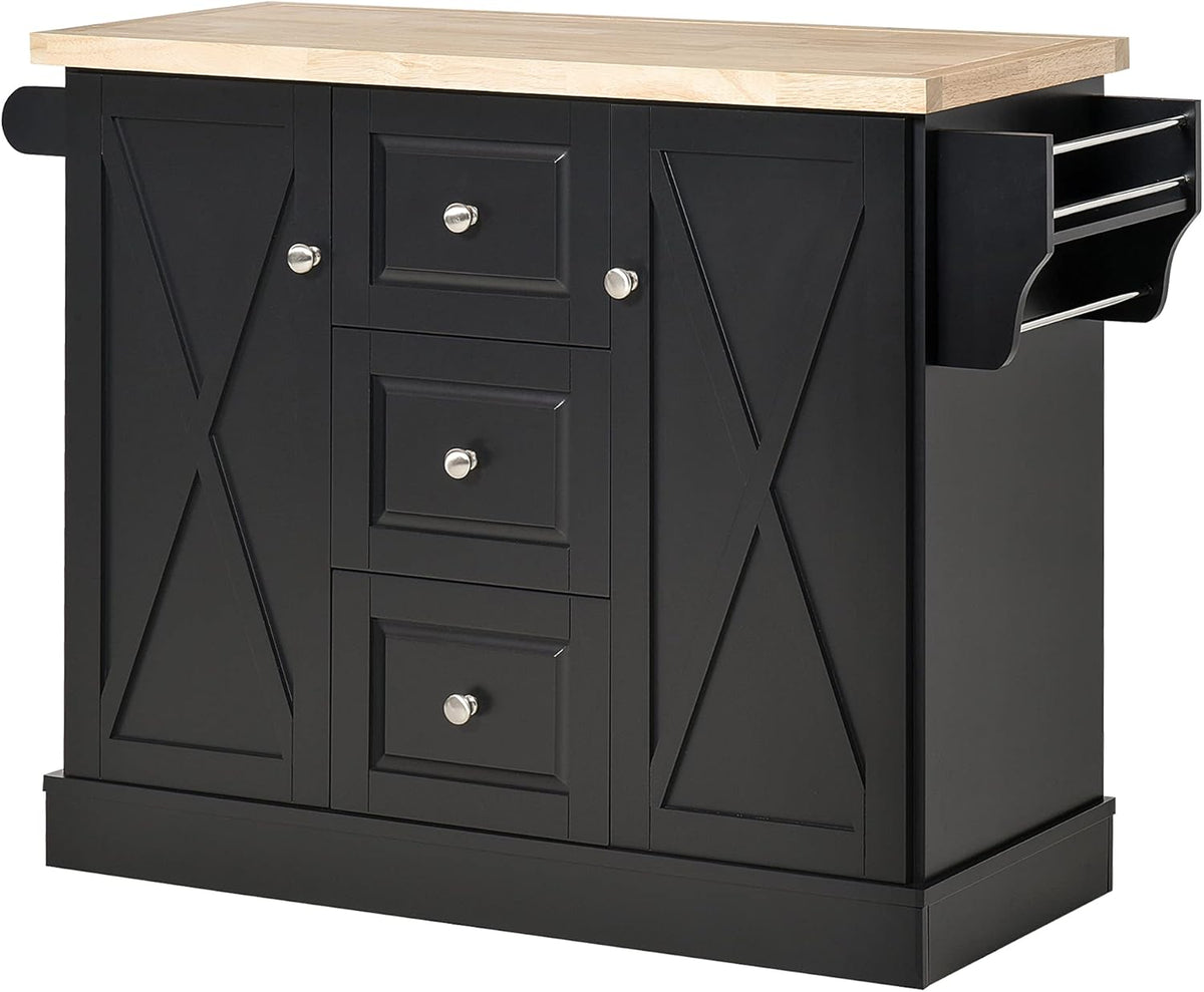 Black Mobile Kitchen Island Utility Cart with Barn Door Style Cabinets and Drawers C247323