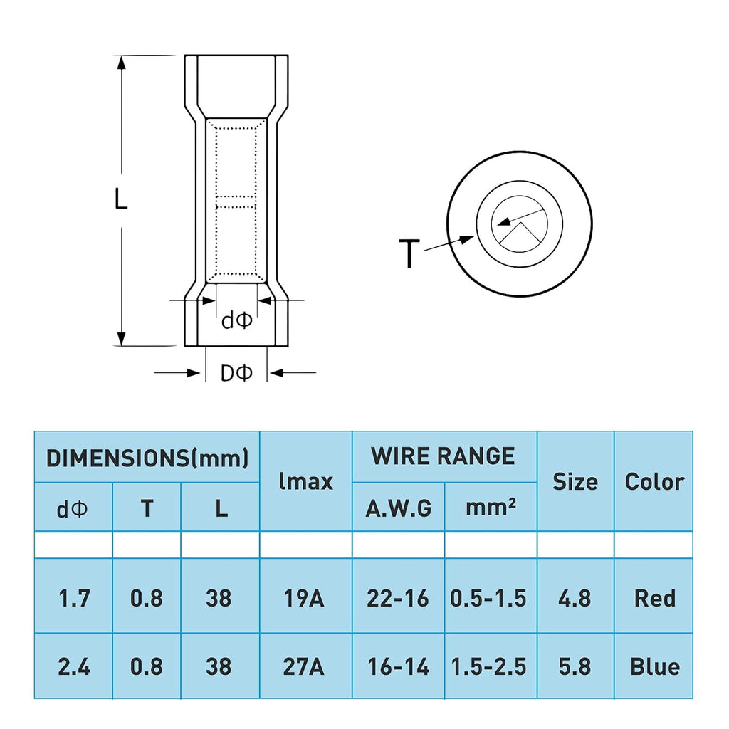 500PCS Butt Connectors Heat Shrink, 22-16 AWG Waterproof Tinned Copper Insulated Crimp Terminals U1471