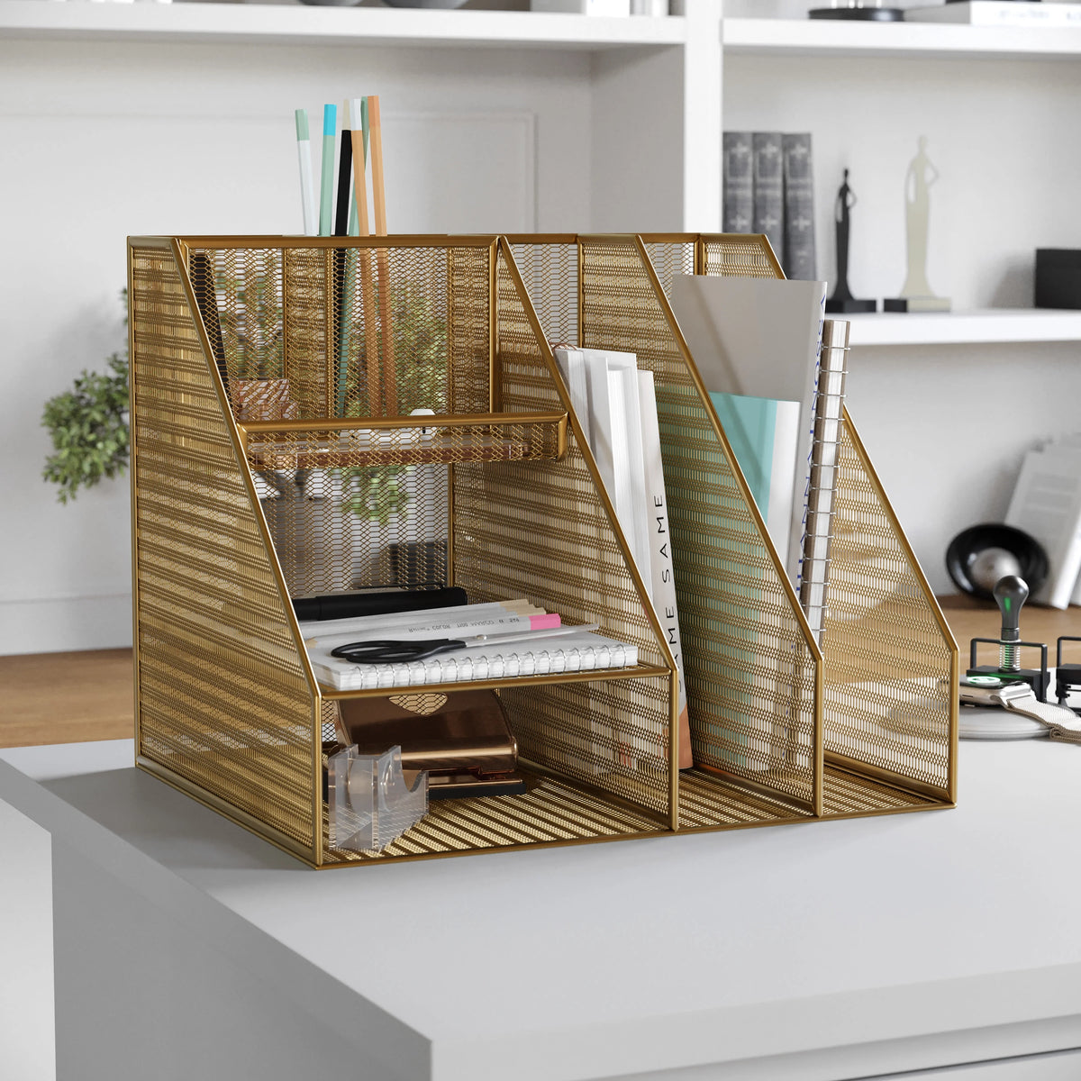 Gold Mesh Metal Desktop Organizer with Magazine File Holder N69868