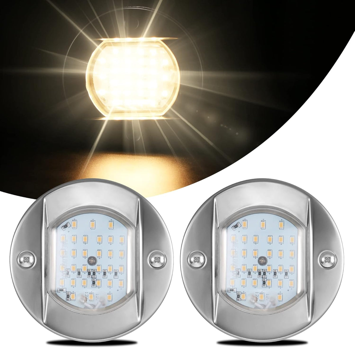 4 Round Marine Courtesy Indicator Lights, 1800LM 30LED IP68 Boat Transom Light Surface Mount Waterproof, 316 Stainless Steel, 2Pcs Cool White D151