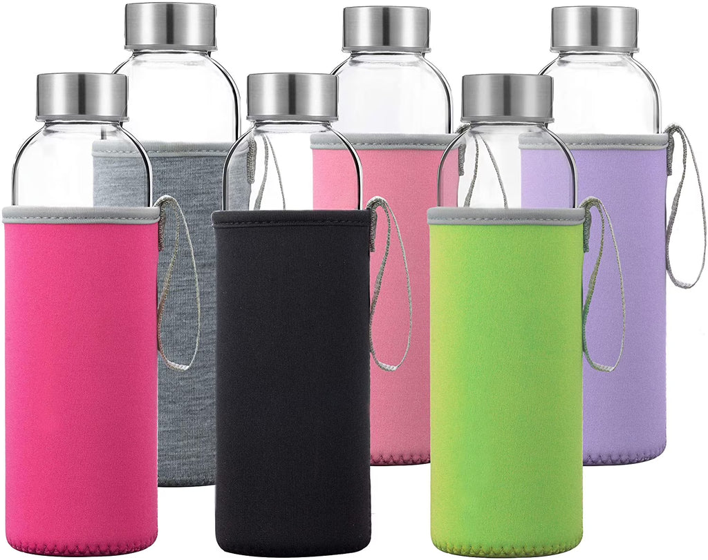 6 Pack 18oz Glass Water Bottles with 6 Sleeves J82653