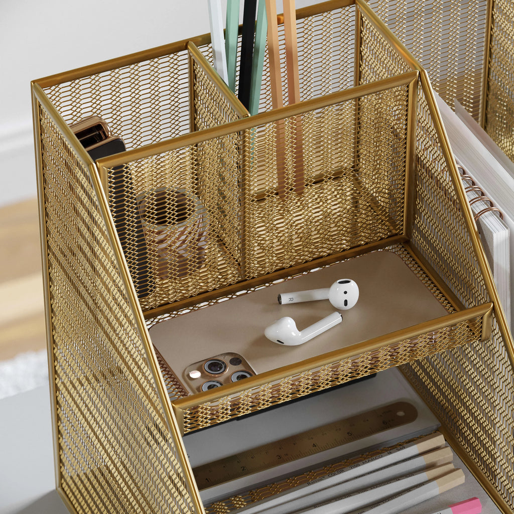 Gold Mesh Metal Desktop Organizer with Magazine File Holder N69868