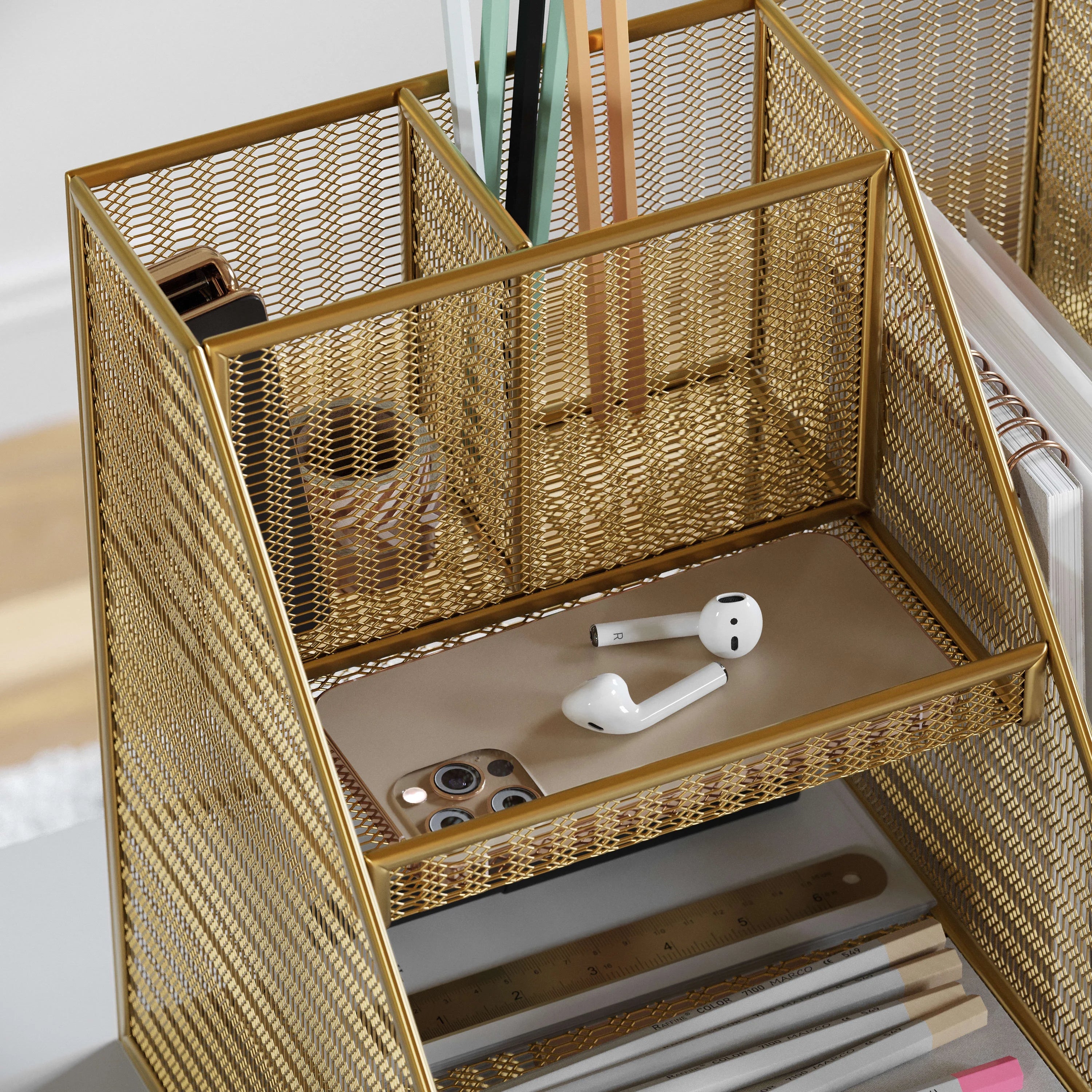 Gold Mesh Metal Desktop Organizer with Magazine File Holder N69868