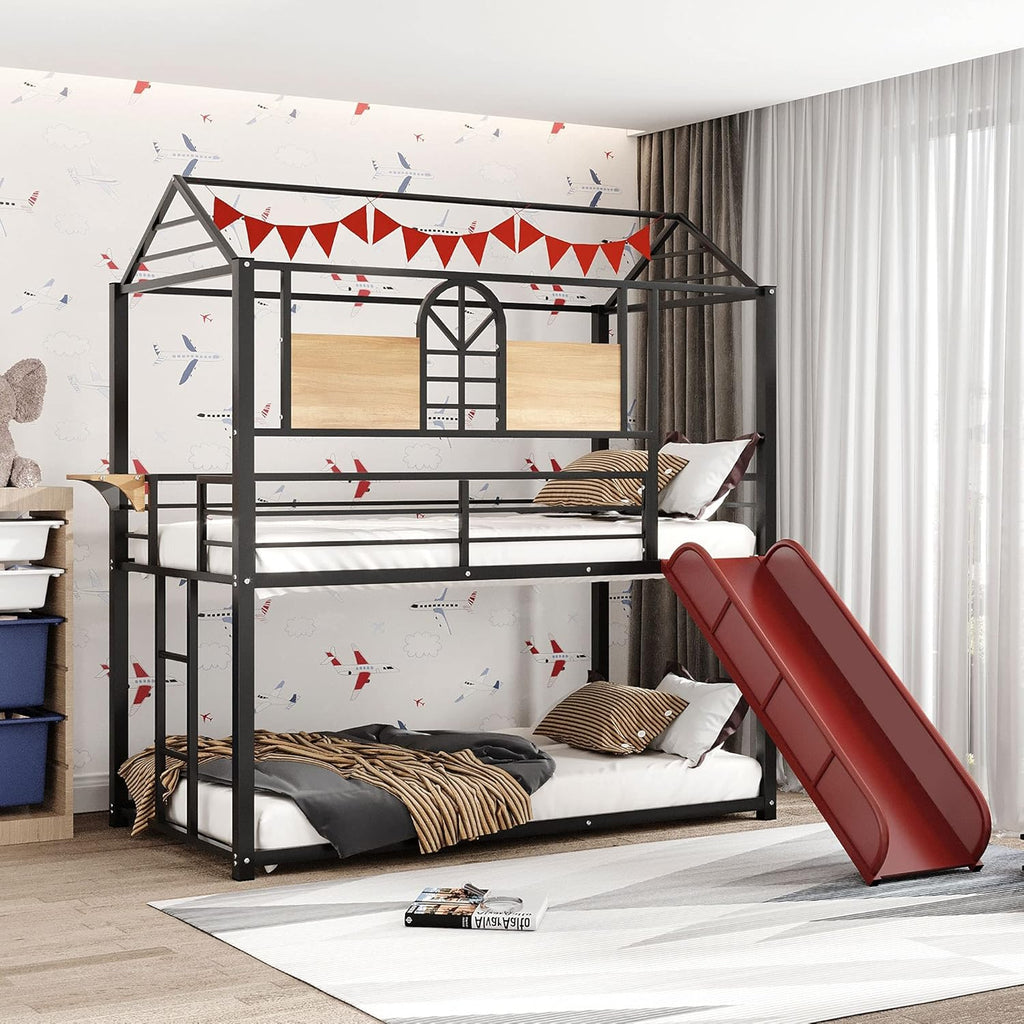 Twin Over Twin Metal Bunk Bed with Slide and Integrated Ladder N96525