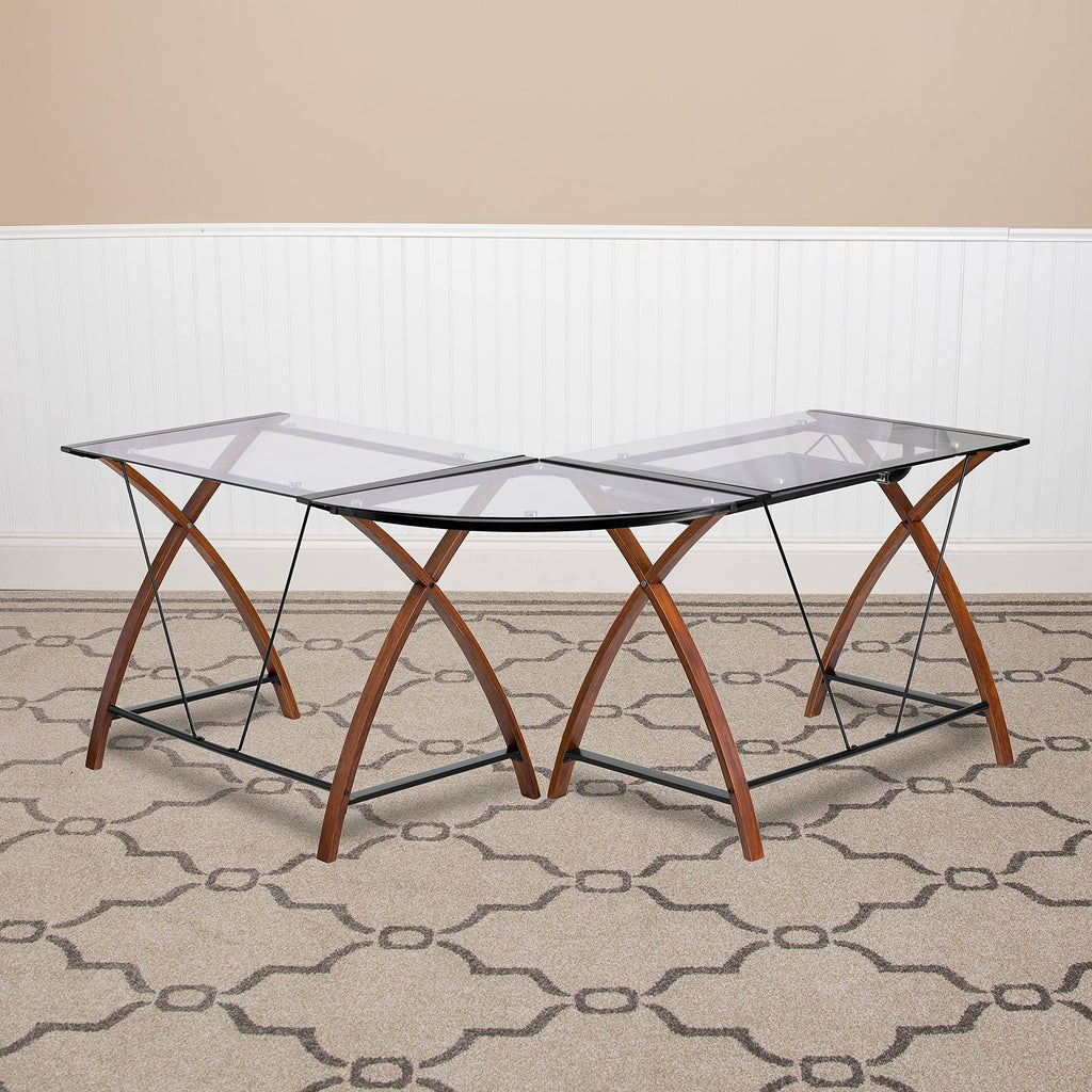 Glass L-Shape Desk with Pull-Out Keyboard Tray Q4492