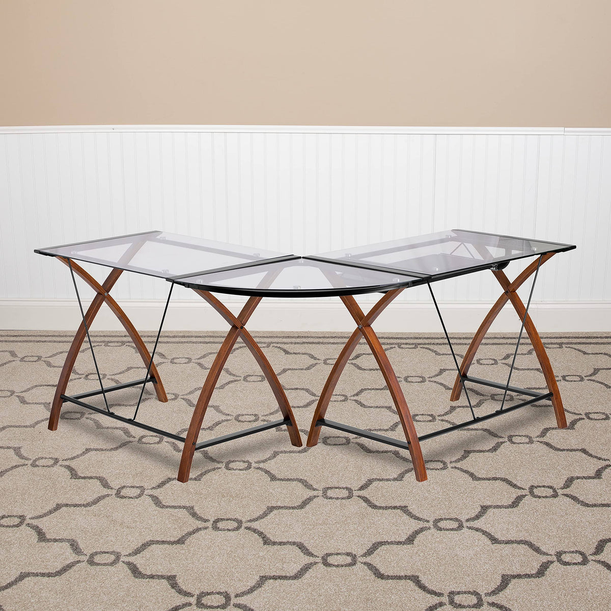 Glass L-Shape Desk with Pull-Out Keyboard Tray Q4492