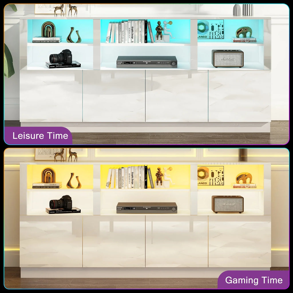 White 70" LED TV Stand with 6 Shelves and Storage Cabinets Z6056