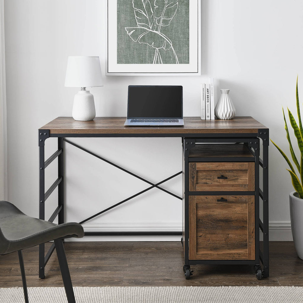 Angle Iron Writing Desk with 2 Drawer Filing Cabinet Reclaimed Barnwood Q66057