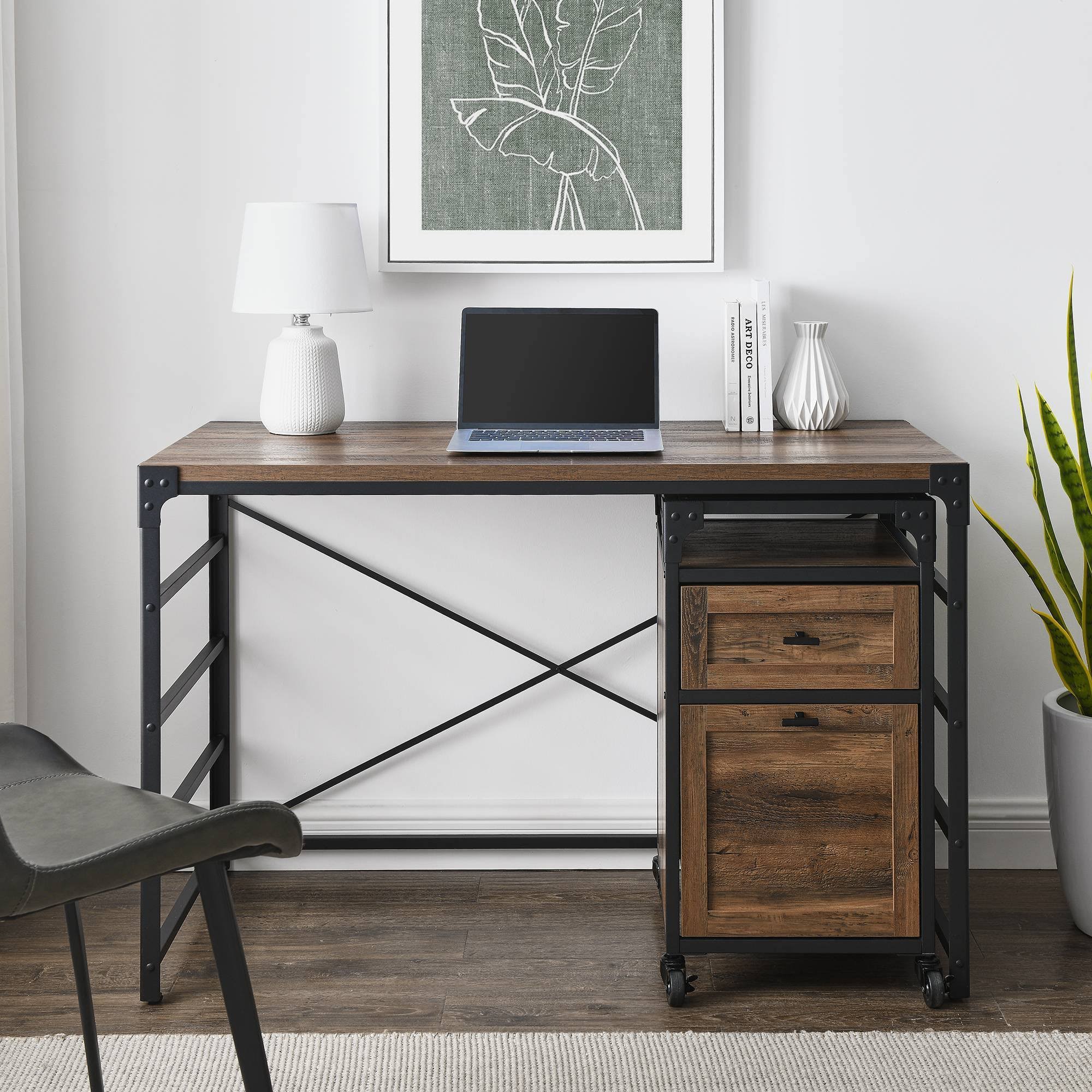 Angle Iron Writing Desk with 2 Drawer Filing Cabinet Reclaimed Barnwood Q66057