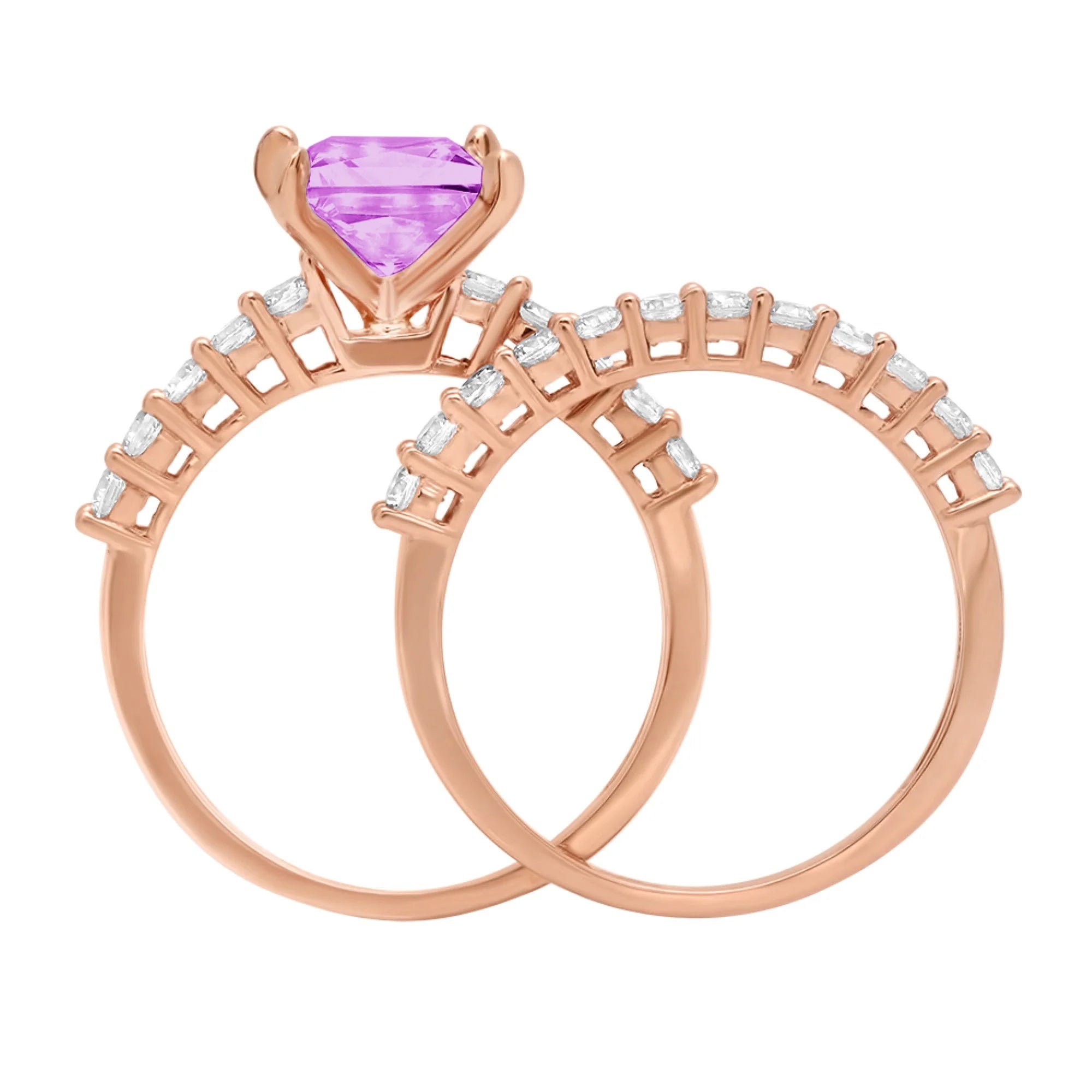 18k Rose Gold Princess Cut Simulated Alexandrite Ring Band Set Size 3.5 F3249