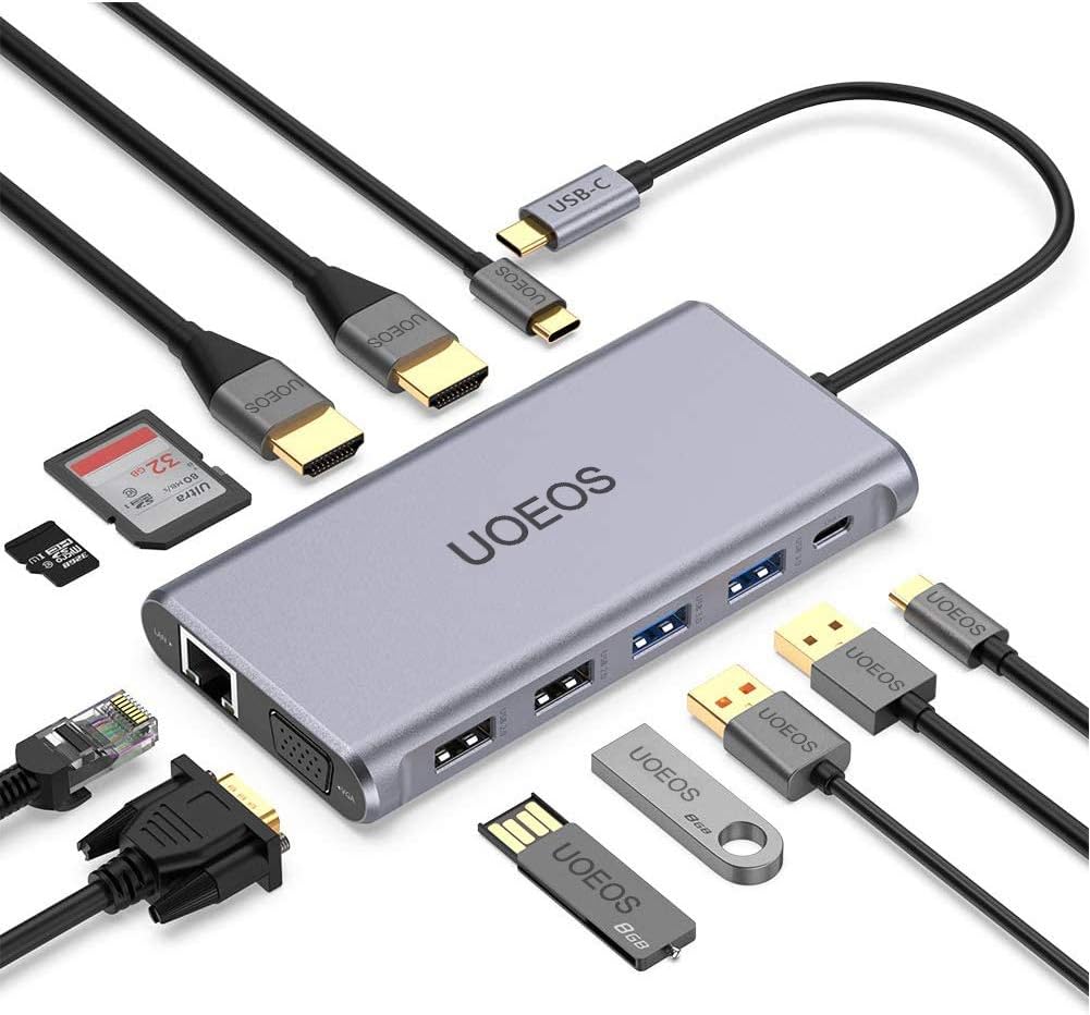 USB C Docking Station with Dual HDMI, VGA, Ethernet, Card Reader R3488
