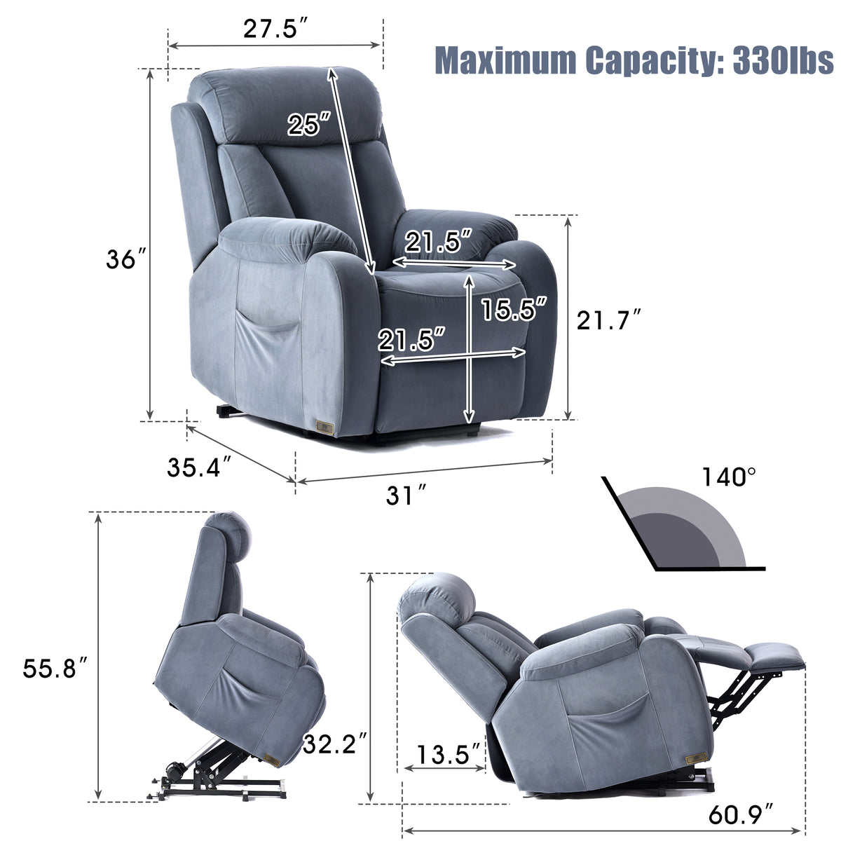 Light Gray Cashmere Fabric Power Recliner Sofa Chair K856734